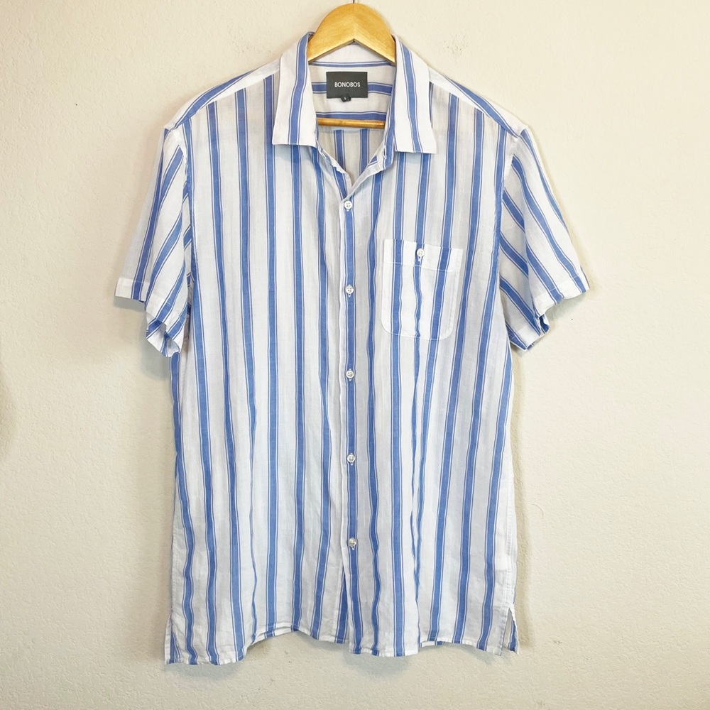 Bonobos Short Sleeve Blue Stripe Button Down Shirt Size Large
